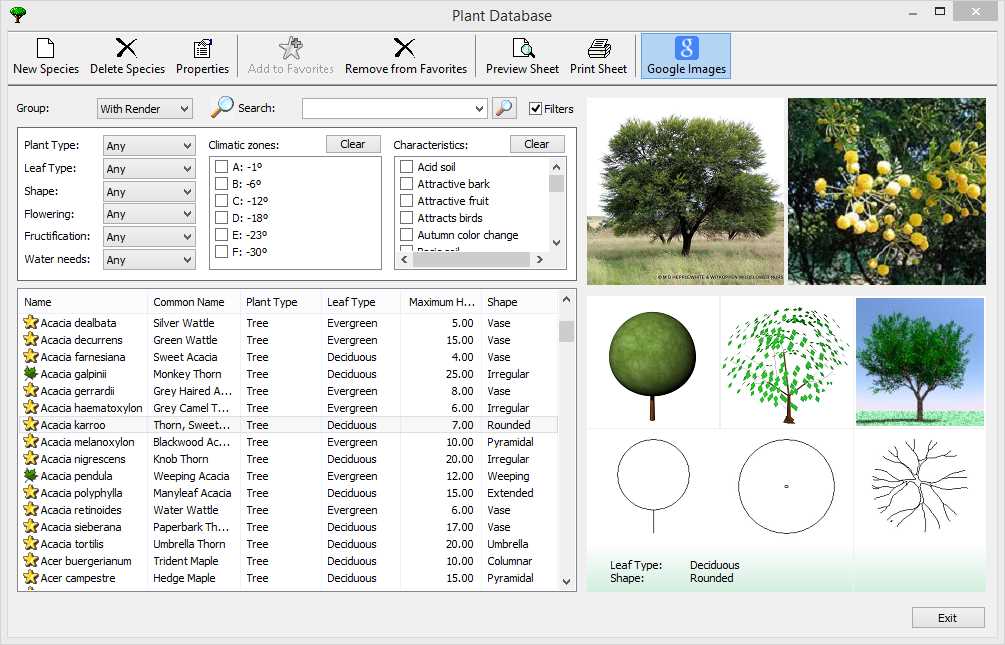 Lands Design Plant Database dialog