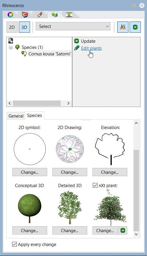 The Lands Design edit panel with the option to edit a species 2D and 3D representation.